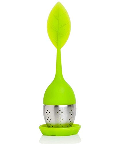 iNeibo Filtro tè , Infusore Foglia Verde in Silicone Alimentare con Colino Integrato in Acciaio Inossidabile e Tappetino per Appoggiare