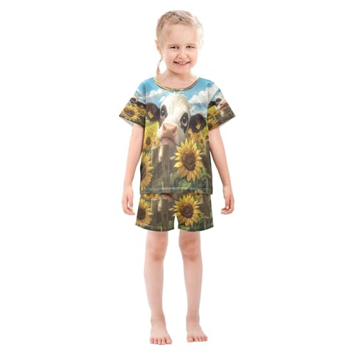 ALAZA Milk Cow Sunflower Blossom Pajamas Set Short Sleeve Cotton Sleepwear Summer Pjs 2 Piece 5-14Y3