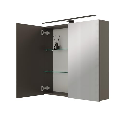 Planetmöbel ARIA Spiegelschrank Bad mit Beleuchtung 70 cm breit | Badschrank hängend mit Spiegel | Anthrazit, mit Leuchte und Steckdose, Spiegelschrank Gäste WC 70 x 70 x 16 cm