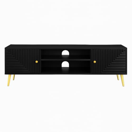 Image of Wooden TV Unit for Living Room | Media Console Movable TV Cabinet | Free Standing Tv Unit with 2 Door & 2 Shelf Storage | Sideboard Cabinet | HDMR Premium Wood & Iron (Black)