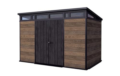Keter Signature Collection 11x7 Ft All-Weather Storage Shed with Skylight, Window, Built-in Ventilation, Customizable Walls, & Lockable Double Doors, Walnut