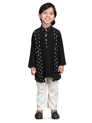 Image of POLKA TOTS Boys Cotton Ethnic Kurta Pajama Set with Attached Koti | Ethnic Motif Wear Kids Kurta Pyjama for Boys & Toddlers | Traditional Dress for Weddings & Festivals | Festive Jubba Set for Babies