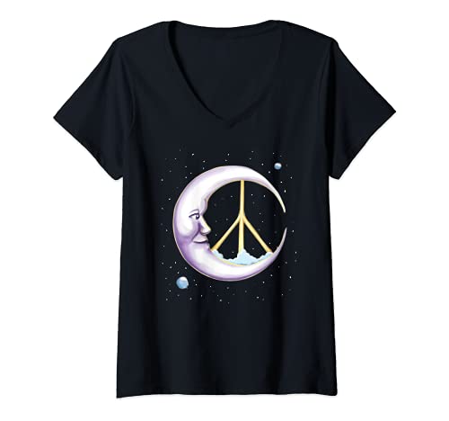 Mujer Signo de la paz Luna retro hippie Solsticio de invierno cele Camiseta Cuello V