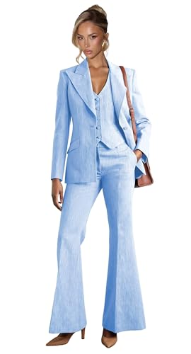 Denim Suits for Women 3 Piece Set V Neck Blazer 1 Button Top Womens Suit Casual Wide Leg Pant Suits for Women Dressy 5