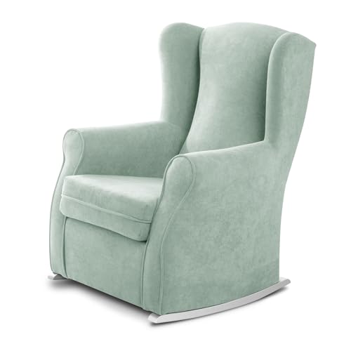 SUEÑOS ZZZ - Balancín Irene, sillón orejero de lactancia tapizado en tela anti manchas color Verde Agua con balancín lacado en color blanco. Mecedora para dormitorio, salón o habitación de bebé