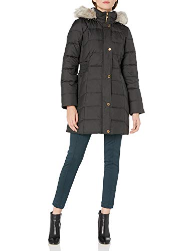 Anne Klein Women's Hooded Boxed Quilt Coat with Elastic Waist Detail, Black, XLarge