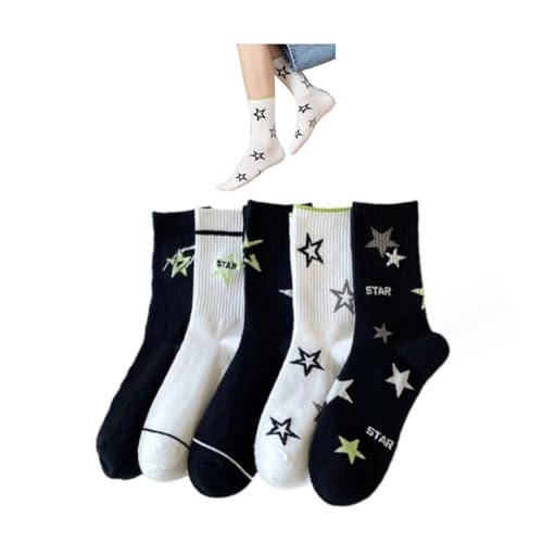 Image of Star Socks 5-Pairs Cute White Black Colorful Star Women's Soft Cotton Rib Mid-Calf Socks