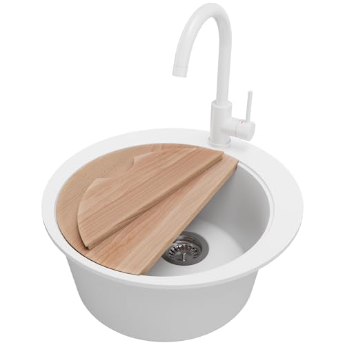 PRIMAGRAN Evier Cuisine en Granit Blanc 50x50cm, Lavabo 1 bac + Robinet 32x20cm + Set d’accessoires, Évier à Encastrer au Meuble 45cm - Pise S037