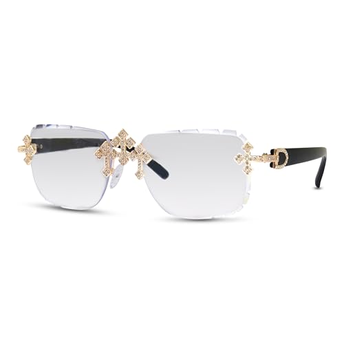 Image of Iced-Out Triple Cross Sunglasses - Frameless Diamond-Cut Luxury Shades for Men & Women | UV400 Hip-Hop Eyewear