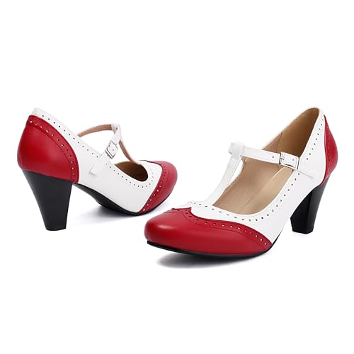 Elerhythm Women's Mary Jane Two Tone Classic and Retro Oxford Wingtip 1920s Pump Heels 1950s Vintage Round Closed Toe 1940s Ankle Strap Dress Shoes2
