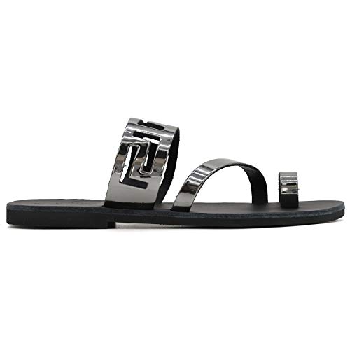 Emmanuela Ancient Greek Handmade Leather Flat Ring Toe Sandals with Meanders, Quality Slide on Strappy Summer Shoes for Women, Open Toe Sliders, Boho Chic Mules2