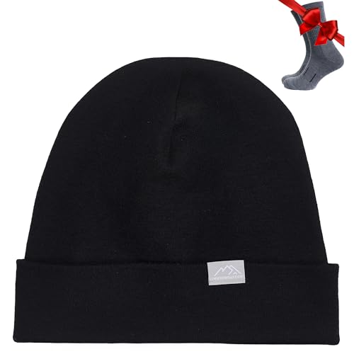 Merino Wool Beanie Men and Women – Cuff Merino Wool Hats for Men and Women - Unisex Adult Beanie Hat and Socks (Black, Large-XLarge)