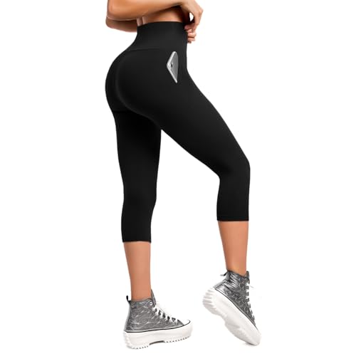 Walifrey High Waisted Capri Leggings for Women UK with Pockets 3/4 Length Opaque Gym Leggings for Yoga Workout Black SM