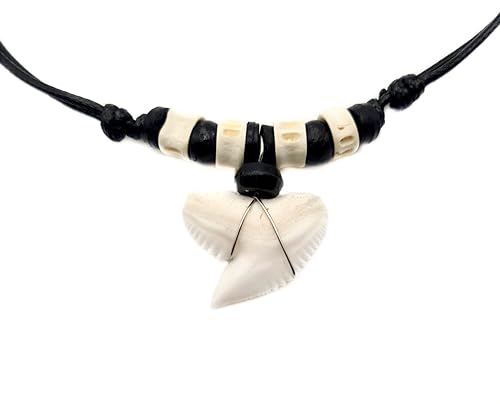 Genuine Shark Tooth Necklace, Mako Shark Tooth Necklace for Men, Cool Beach Cowrie Shells Wooden Beads Necklace for Women (CA433)