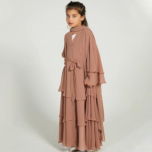 OBEEII Abaya for Girls Kids Muslim Dress Chiffon Layered Belt Kaftan Long Dress with Hijab Islam Dubai Casual Robe Kimono3