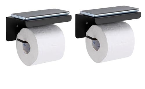 Image of ACHRO Pack of 2 Self Adhesive and Wall Mount Matt Black Stainless Stell Toilet Paper Holder with Mobile Stand, Tissue Paper Holder with Stand, Black Bathroom Accessories