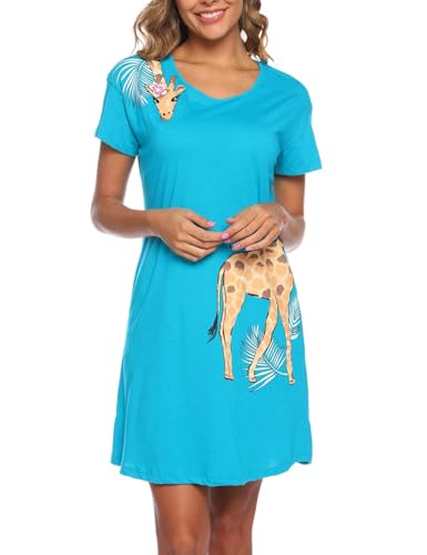 Image of ENJOYNIGHT Womens Cotton Nightgown Short Sleeve Sleepshirt Print Nightshirt | Short-Sleeve Crew Neck, Soft Cotton Fabric, Cartoon Printed Sleep Shirt, Loose Fit