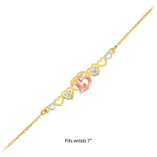 14K Tri Color Gold White Cubic Zirconia Sweet 15 A os Milgrain Quinceanera Hearts Cable Chain Bracelet - 7 with 1/2" Extender3