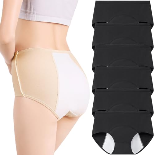 Hornice 6er-Pack Periodenunterschwäsche Damenunterwäsche DREI Schichten Auslaufsicher Unterwäsche aus Baumwolle Slip der Menstruation und im Wochenbett, Schwarz/XL