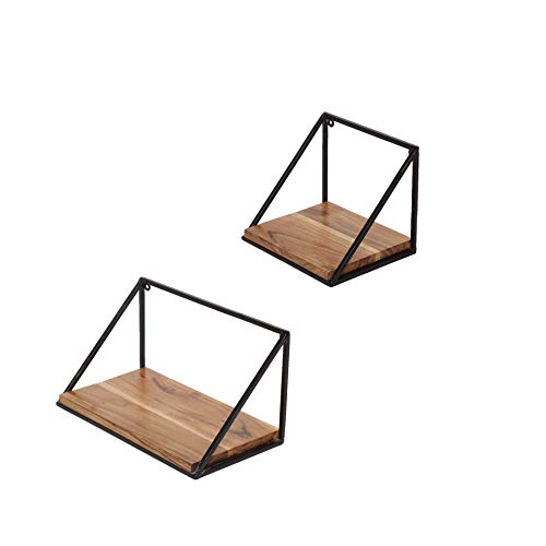 Image of Acacia Wood Floating Wall Shelf with Black Iron Frame Rustic Wall Mounted Storage Display Shelf for Living Room Bedroom Bathroom Kitchen Office Home Decor Set of 1
