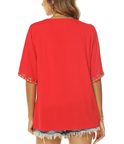 Higustar Mexican Boho Embroidered Tops For Women Bohemian Peasant Red Short Sleeve Shirts Summer Tunic Blouses Hippie Clothes #TOP4