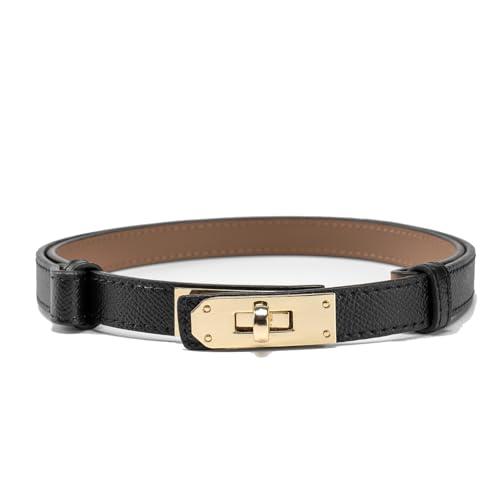 Women's Genuine Leather Skinny Belt Adjustable Gold Buckle for Dresses Coats Black Fashion Belt