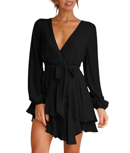 Wenrine Damen Kleider Sexy Tiefer V-Ausschnitt Freizeitkleid A Linie Rüschen Minikleid Langarm Wickelkleid mit Gürtel, Schwarz, XXL