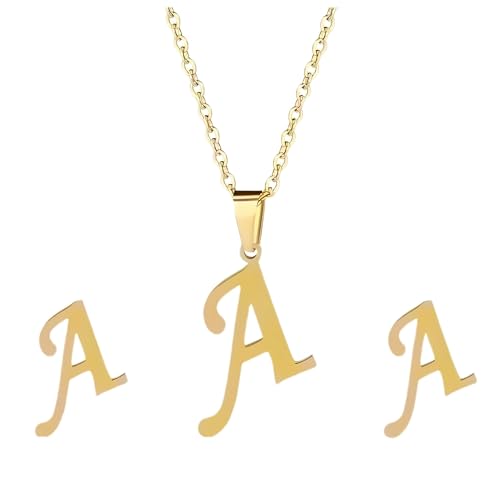 Initial Necklace and Earrings for Women by Ginger Lyne | Gold over Stainless Steel Pendant Letter with 17
