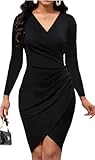 Women's Bodycon Midi Dress Long Sleeve 2025 Sexy V Neck Ruched Wrap Wedding Guest Formal Club Dresses(Black,Small)