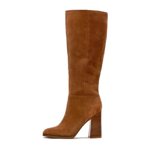 Erocalli Knee High Fall Faux Suede Tall Long Boots Wide Calf Chunky Block High Heel Fashion Boot Round Toe Side Zipper
