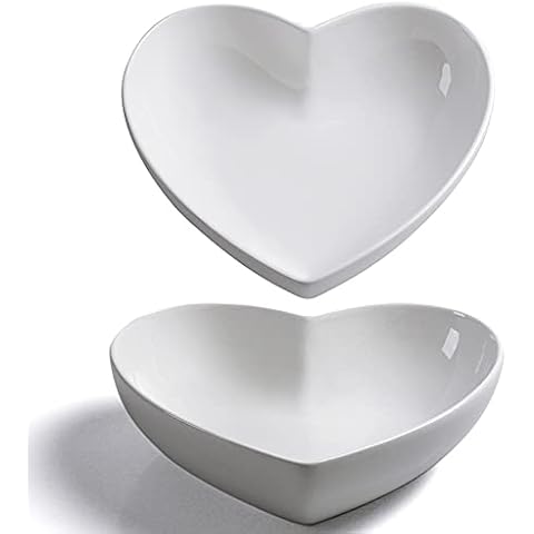 Ceramic Large Bowl White Set of 2, Heart Shaped Salad Bowl/Fruit Bowl/Soup Bowl for Desserts/Pasta/Dinner, 1 Litre Cover