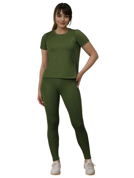 Women's Classic Casual Two-Piece Co-Ord Set, Short-Sleeve Round Neck Top with Full-Length Slim-Fit Bottoms (IN, Alpha, 2XL, Regular, Big, GREEN)-image-41