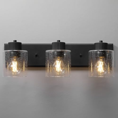 Image of Globe Electric 4-Piece All-in-One Bathroom Set, Matte Black, 3-Light Vanity Light with Seeded Glass Shades, Towel Bar, Toilet Paper Holder, Towel Ring