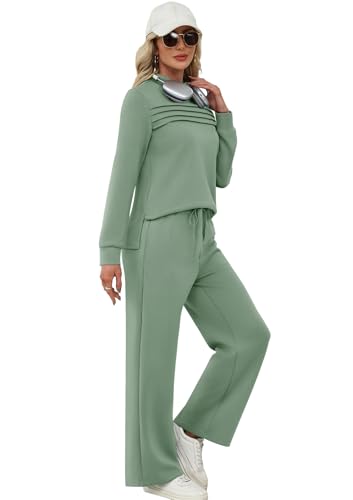 Image of WIHOLL Two Piece Sets for Women Fall Travel Vacation Outfits 2026 Long Sleeve Lounge Sets Side Slit Wide Leg Pants XS-3XL