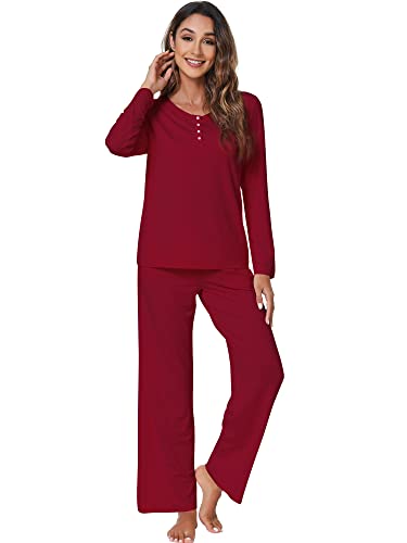 Wiwi Womens Bamboo Pajama Sets Button Down Long Sleeve Top Sleepwear Soft Lounge Set Pjs Pants With Pockets S-Xxl, Wine Red, Medium #TOP3