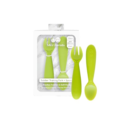 Image of ezpz Mini Utensils - 12 Months+ (Fork & Spoon in Lime) - 100% BPA Free Fork and Spoon - Toddler Utensils - Designed by a Pediatric Feeding Specialist
