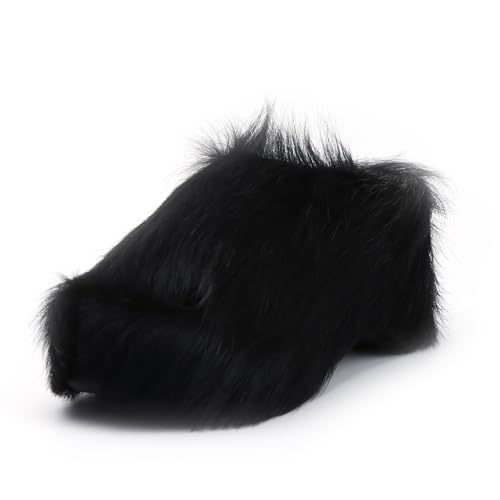 Image of XOBZJH Long-Hair Calfskin Chunky Clog Slide for Women - Memory Foam Luxury Slip on Shoes Women's Mules & Platform Clogs,Designer Mules for Women 2025