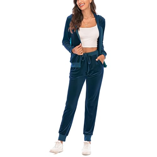 Velour Track Suits for Women Set，Fall Velvet Sweatsuits 2 Piece, Womens Velvet Full Zip Hoodie & Sweatpants Sets (Blue,X-Large)