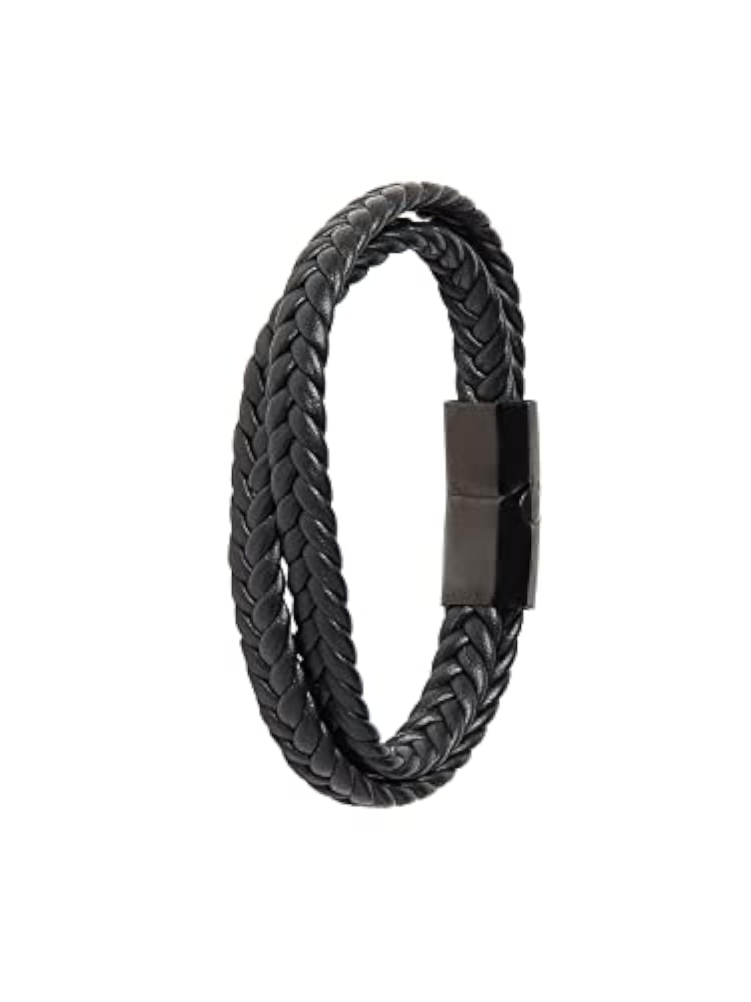 Unisex Braided Designer Stainless Steel and Leather Bracelet, Black