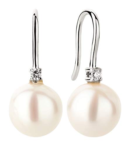 Ardeo Aurum Damen Ohrringe aus 585 Gold Weißgold mit 0,06 ct Diamant Brillant und 9 mm Perlen rund Ohrhänger Haken-Verschluss