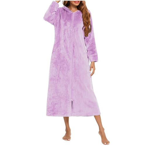Albornoz para mujer con cremallera, bata ligera y mullida, de forro polar, muy suave con capucha, ropa de salón de felpa, larga duración, cálida y acogedora bata de baño, O Light Purple, M