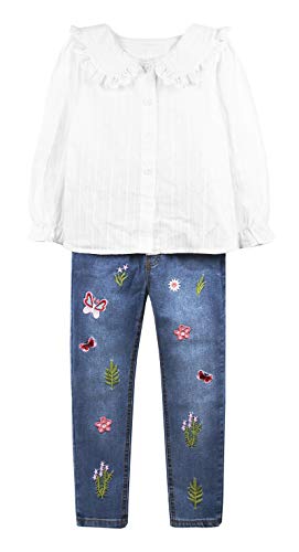 Image of Big Girls Letters Decor White Knitted Pullover Wahsed Flowers Embroidery Jeans Pants Set