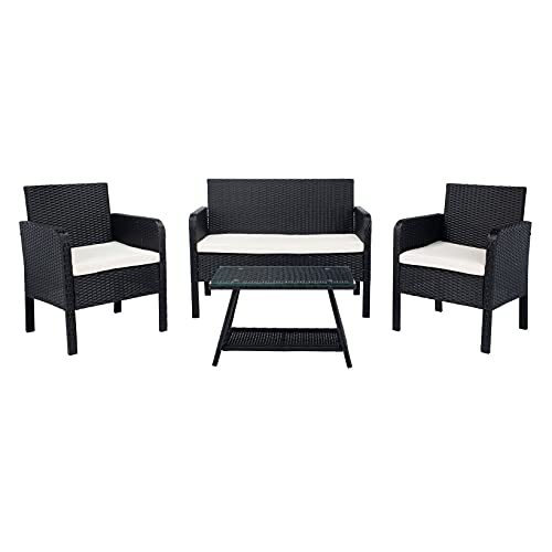 Image of Carry Bird 4 Piece PE Wicker Rattan Outdoor Furniture | 4 Seater Balcony Sofa With Tea Table | Set of 2+1+1 Outdoor Patio Chairs with Coffee Table | Sofa Sets & Center Table for Home & Garden | 3 Piece Patio Stools with Table | Indoor Patio Furniture Set Space Saving | Rattan Chair | Patio Set | Wicker Conversation Set | Poolside Lawn Arm Chairs Set For Balcony & Terrace | Balcony Table chair Set | Hotel Patio Seating Chair & Table Set with Glass | Black Wicker-White Cushion