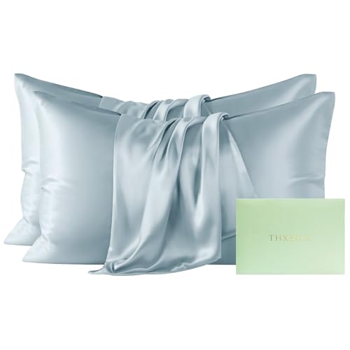 Image of THXSILK Mulberry Silk Pillowcase Standard Size, Set of 2 Pillowcases, Pillow Cover with Hidden Zipper, Soft Smooth Cooling Pillowcases for Hair and Skin, Gift for Women Men, Blue