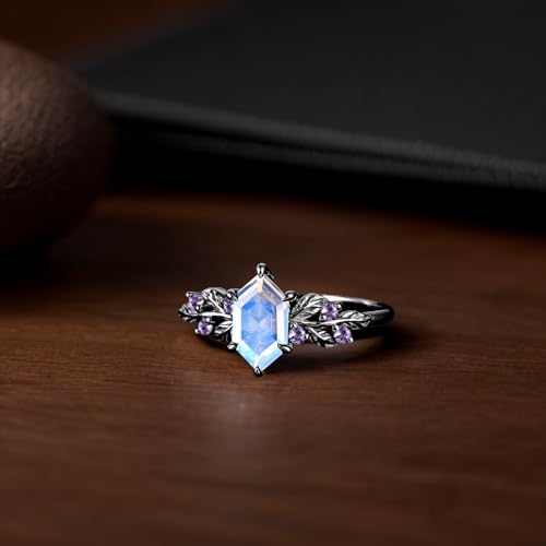 S925/10K/14K/18K Solid Gold Long Hexagon Gemstone Vintage Engagement Ring Set Leaf Unique Vine Gemstone Wedding Anniversary Ring Set Black Gold Bridal Ring Set3