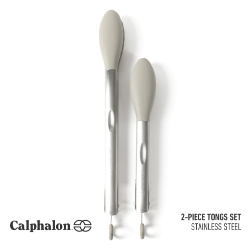 Image of Calphalon Edge Tongs Set, 2-Piece Stainless Steel Kitchen Tongs Set with Silicone Heads, Includes 9-Inch & 12-Inch Heat-Resistant Locking Tongs for Cooking, Grilling & Serving, Taupe