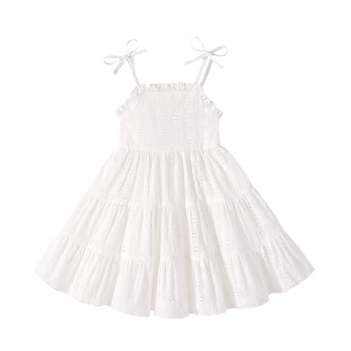 JEELLIGULAR Toddler Girl Summer Dress Tie Strap Sleeveless Sundress White/Floral/Denim Beach Dresses for Baby Girls 12M-6Y(Hollowed-Out - White Dress3-4T)