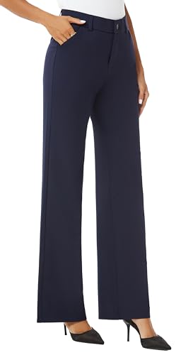 iChosy Womens High Waist Wide Straight Leg Trousers Casual Slacks Dress Pants with Pockets Navy 0 Regular