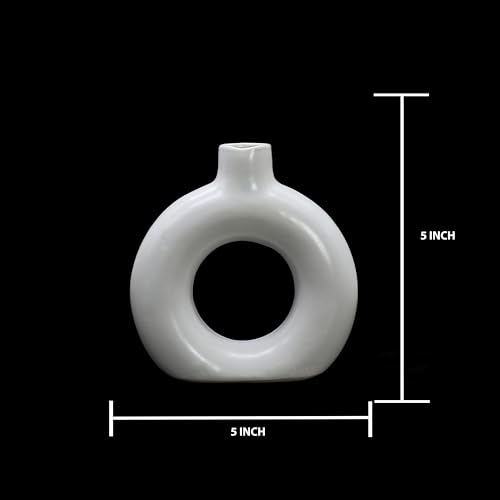 Image of Modern Ceramic Ring Vase with Pink Floral Stems, White, Decorative Flower Holder for Home (5 INCH)