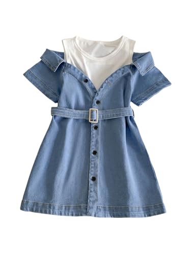 MakeMeChic Girl's Crew Neck 2 in 1 Midi Dress Short Sleeve A Line Belted Summer Denim Dresses